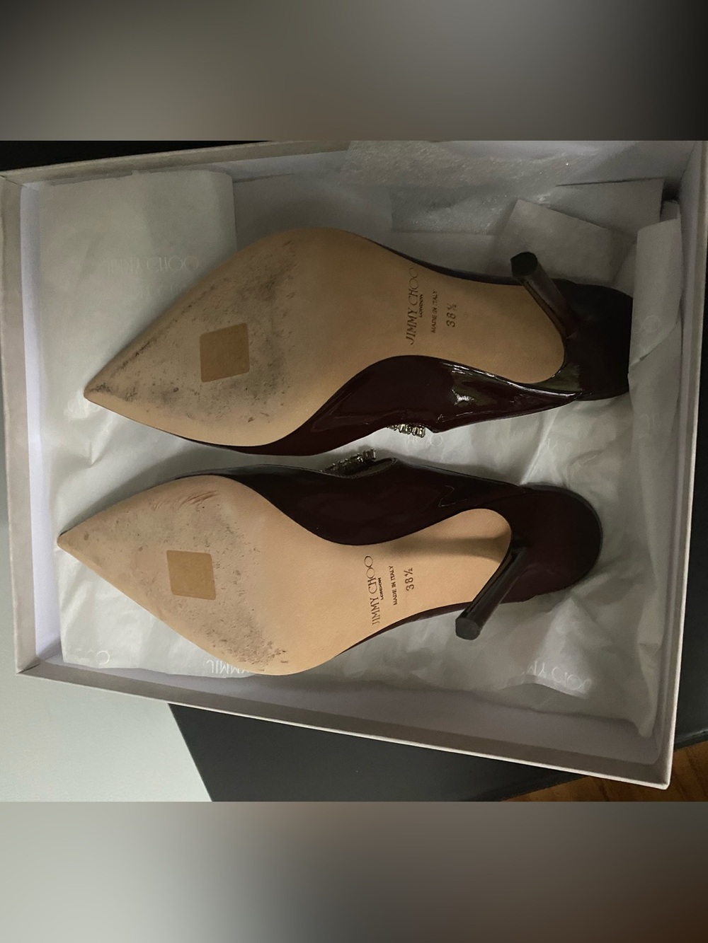 Jimmy Choo Bordeaux (Burgundy) Patent Crystal-Embellished Bing Heels - Picture 8 of 10